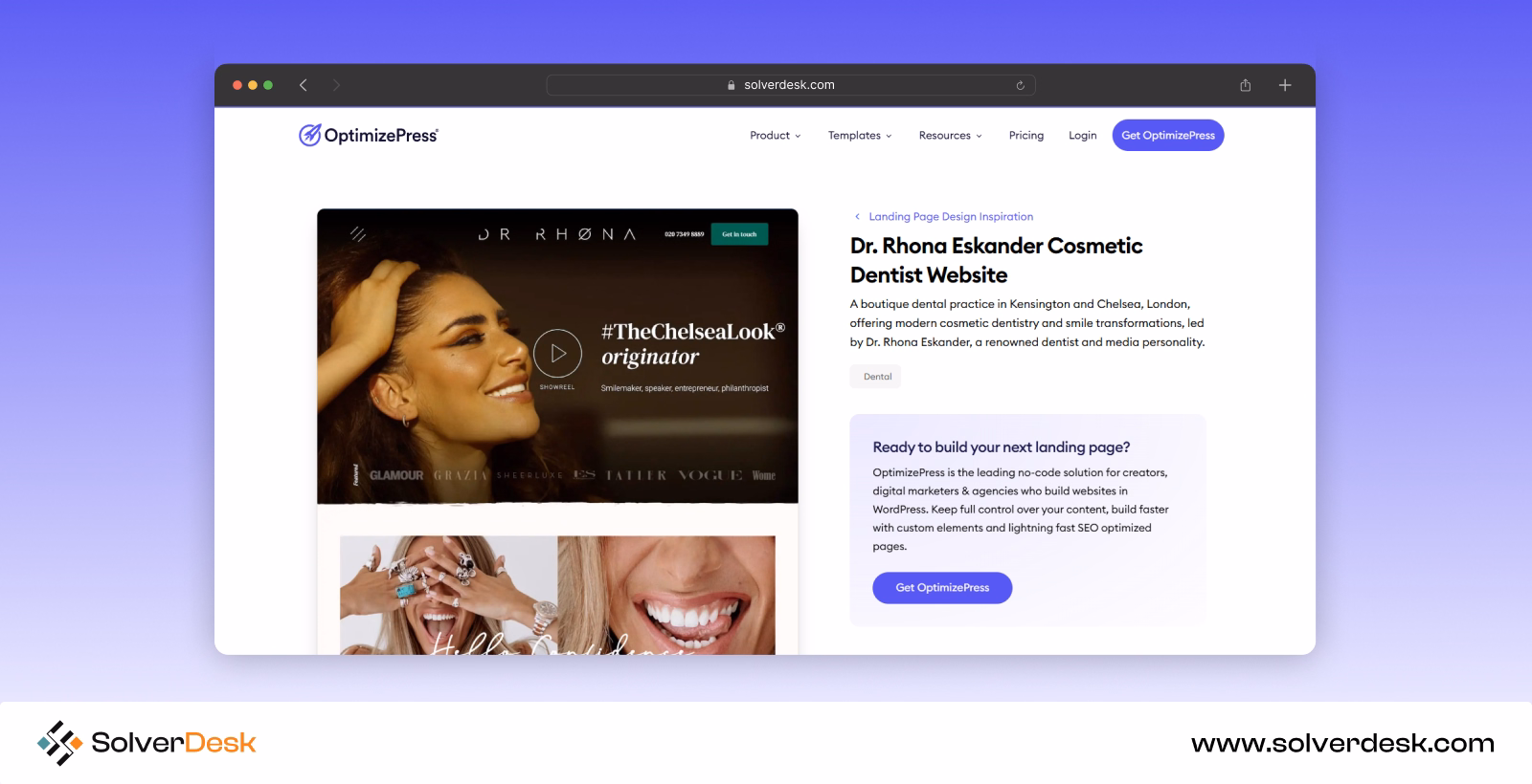 Dr. Rhona Ekandor cosmetic dentist website mockup with video thumbnail and dental images.