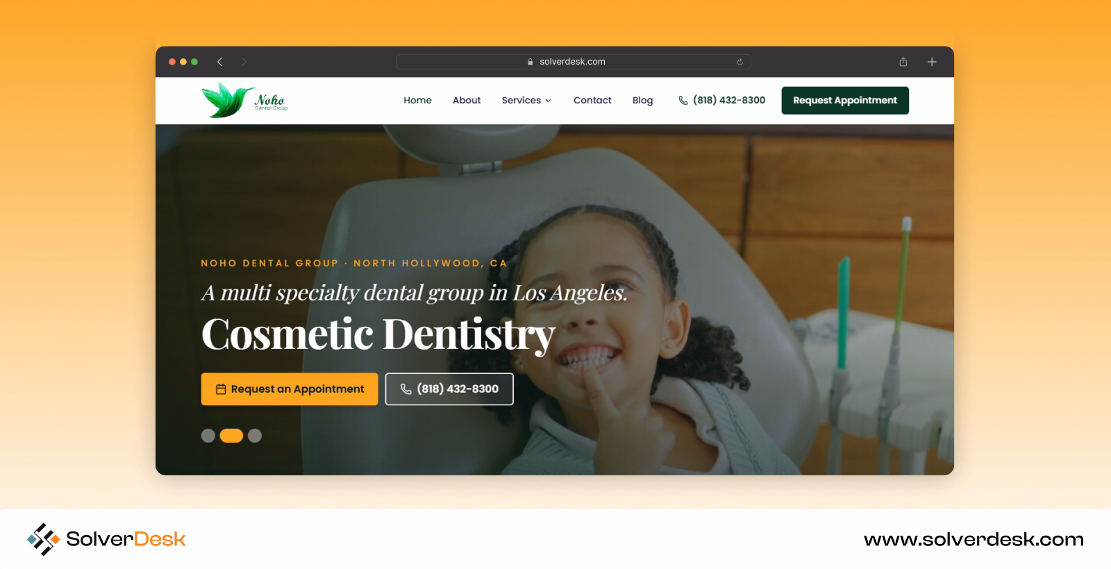 Noho Dental Group website mockup with smiling patient in dental chair and appointment request button.